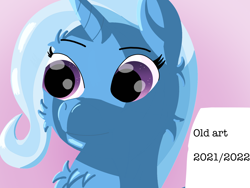 Size: 2048x1536 | Tagged: safe, artist:the crystal artist, derpibooru import, trixie, pony, unicorn, 2021, 2022, bad drawing, bad shading, crappy art, eyebrows, fail, female, gradient background, mare, messy, old art, pink background, raised eyebrow, shading, simple background, smiling, solo, text, there was an attempt