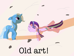 Size: 2048x1536 | Tagged: safe, artist:the crystal artist, derpibooru import, starlight glimmer, trixie, pony, unicorn, 2020, 2021, bad shading, beach, crappy art, crossover, duo, duo female, ears, ears back, eyes closed, female, floppy ears, looking at someone, lying down, mare, old art, open mouth, prone, sand, sleeping, smiling, steven universe, text, there was an attempt