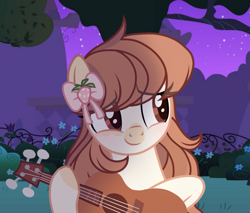 Size: 1269x1080 | Tagged: safe, artist:cstrawberrymilk, derpibooru import, oc, earth pony, pony, female, guitar, mare, musical instrument, oc name needed, solo