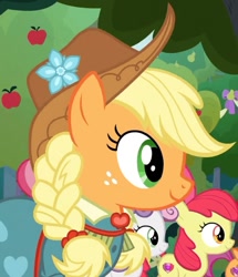 Size: 961x1117 | Tagged: safe, derpibooru import, screencap, apple bloom, applejack, scootaloo, sweetie belle, earth pony, pegasus, pony, unicorn, the big mac question, alternate hairstyle, apple, braid, clothes, cropped, dress, food, formal wear, gown, hat, pear, sweet apple acres, tree