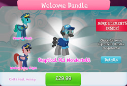 Size: 1267x857 | Tagged: safe, derpibooru import, idw, earth pony, pegasus, pony, admiral fairy flight, bundle, clothes, collection, costs real money, english, facial hair, folded wings, gameloft, general flash, glasses, group, hat, idw showified, male, mobile game, moustache, my little pony: magic princess, numbers, official, shirt, stallion, text, unnamed character, unnamed pony, wings