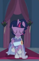 Size: 352x543 | Tagged: safe, derpibooru import, screencap, twilight sparkle, twilight sparkle (alicorn), alicorn, pony, the last problem, alternate hairstyle, beautiful, canterlot, canterlot castle, carpet, clothes, coronation, cropped, curtains, dress, elegant, evening, eyes closed, flower, gown, regal, second coronation dress, solo, walking