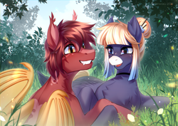 Size: 3507x2480 | Tagged: safe, artist:fenwaru, derpibooru import, oc, oc only, oc:kimono silk, oc:meteor glow, bat pony, pegasus, bat pony oc, blaze (coat marking), blushing, choker, coat markings, cute, facial markings, fangs, female, freckles, hair bun, happy, looking at each other, looking at someone, male, meadow, mottled coat, outdoors, pegasus oc, sharp teeth, shipping, smiling, straight, teeth