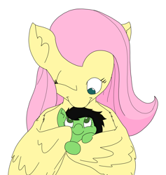 Size: 4289x4531 | Tagged: safe, artist:ponny, derpibooru import, fluttershy, oc, oc:anon filly, earth pony, pegasus, cuddling, female, filly, foal, hug, looking at each other, looking at someone, looking down, looking up, mare, one eye closed, simple background, white background, winghug, wings, wink