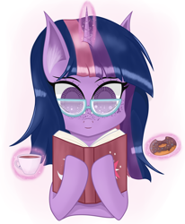 Size: 3080x3740 | Tagged: safe, artist:krymak, derpibooru import, twilight sparkle, pony, book, coffee, donut, female, food, freckles, glasses, glowing, glowing horn, horn, mare, reading, simple background, smiling