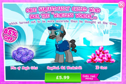 Size: 1965x1302 | Tagged: safe, derpibooru import, earth pony, pony, advertisement, clothes, costs real money, english, facial hair, gameloft, gem, glasses, hat, magic coins, male, mobile game, moustache, my little pony: magic princess, numbers, official, sale, shirt, solo, stallion, text, unnamed character, unnamed pony
