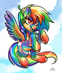 Size: 2476x2909 | Tagged: safe, artist:opalacorn, derpibooru import, rainbow dash, pegasus, pony, ear fluff, ears, female, flying, mare, open mouth, open smile, signature, smiling, smirk, solo, spread wings, the worlds rainbowest dash, wings