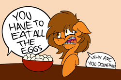 Size: 1280x851 | Tagged: safe, artist:cowsrtasty, derpibooru import, oc, oc:venus spring, pony, unicorn, bowl, braces, confused, dialogue, egg, meme, offscreen character, solo, speech bubble, venus spring having a bad time, you have to eat all the eggs