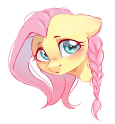 Size: 926x1000 | Tagged: safe, artist:melodylibris, derpibooru import, fluttershy, pegasus, pony, alternate hairstyle, blushing, braid, bust, cute, disembodied head, ear blush, ears, female, floppy ears, mare, shyabetes, simple background, solo, white background