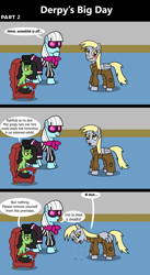Size: 1920x3516 | Tagged: safe, artist:platinumdrop, derpibooru import, derpy hooves, photo finish, oc, oc:anon filly, earth pony, pegasus, pony, comic:derpy's big day, 3 panel comic, blushing, chair, clothes, comic, commission, crying, dialogue, dress, female, filly, foal, food, hat, monocle, muffin, speech bubble, sunglasses, wings