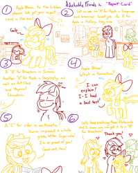 Size: 4779x6013 | Tagged: safe, artist:adorkabletwilightandfriends, derpibooru import, apple bloom, applejack, big macintosh, granny smith, comic:adorkable twilight and friends, adorkable, adorkable friends, antlers, apple family, backpack, bedroom, book, bow, butt, cabinet, clothes, comic, cute, dork, excuse, family, happy, jar, kitchen, looking at each other, looking at someone, love, nervous, nodding, plot, plushie, report card, schoolgirl, sink, slice of life, smiling, smiling at each other, support