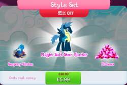 Size: 1267x857 | Tagged: safe, derpibooru import, star hunter, pegasus, pony, bundle, bush, clothes, costs real money, english, flight suit, gameloft, gem, male, mobile game, my little pony: magic princess, numbers, official, sale, solo, spread wings, stallion, statue, text, wings