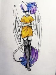 Size: 810x1080 | Tagged: safe, artist:anastas, derpibooru import, oc, oc only, oc:amethyst dawn, anthro, pegasus, pony, blue eyes, blue hair, blue tail, clothes, crossed arms, embarrassed, eyelashes, eyeliner, female, gradient hair, looking away, makeup, purple hair, purple tail, shirt, simple background, socks, solo, solo female, spread wings, standing, stocking feet, stockings, t-shirt, tail, thigh highs, traditional art, white coat, wings