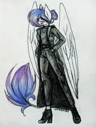 Size: 1620x2160 | Tagged: safe, artist:anastas, derpibooru import, oc, oc only, oc:amethyst dawn, anthro, pegasus, pony, angry, belt, black coat, blue eyes, blue hair, blue tail, boots, clothes, ear piercing, earring, eyelashes, eyeliner, female, glasses, gradient hair, hand in pocket, jewelry, makeup, necklace, pants, piercing, purple hair, purple tail, shoes, simple background, solo, solo female, spread wings, tail, traditional art, trenchcoat, white coat, wings