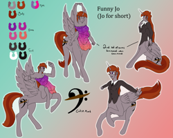 Size: 5927x4738 | Tagged: safe, artist:bryony6210, derpibooru import, oc, oc only, oc:funny jo, alicorn, centaur, taur, equestria girls, alitaur, business suit, centaur oc, clothes, dress, eyes closed, female, four arms, heterochromia, horn, jacket, long hair, long horn, looking at you, multiple arms, raised hoof, raised leg, reference sheet, sitting, smiling, strapless, stretching, suit