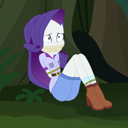 Size: 2000x2000 | Tagged: safe, artist:splendidbondage, derpibooru import, rarity, human, dance magic, equestria girls, spoiler:eqg specials, arm behind back, bondage, bound and gagged, cloth gag, gag, imagine spot, rope, rope bondage, sitting, solo, tied up