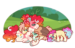 Size: 1335x863 | Tagged: safe, artist:queerhorses, derpibooru import, fluttershy, pinkie pie, oc, oc:buttercream, oc:carpet moth, pony, alternate design, female, filly, flutterpie, foal, lesbian, lying down, magical lesbian spawn, offspring, parent:fluttershy, parent:pinkie pie, parents:flutterpie, prone, shipping