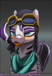 Size: 2836x4148 | Tagged: safe, artist:zlatdesign, derpibooru import, oc, oc only, oc:catalina fairchild, zebra, bandana, bust, clothes, glasses off, glowing, glowing eyes, gradient background, helmet, painted, solo, steampunk, tail