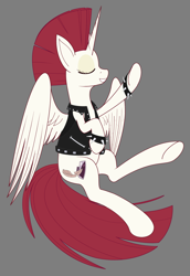 Size: 3248x4720 | Tagged: safe, alternate version, artist:modera, derpibooru import, oc, oc:fausticorn, alicorn, pony, alternate hairstyle, clothes, eyes closed, gray background, leather, leather vest, ms paint, partially open wings, simple background, solo, spiked wristband, vest, wings, wristband