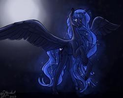 Size: 5000x4000 | Tagged: safe, artist:stardustspix, princess luna, alicorn, pony, absurd resolution, blurry background, colored eyebrows, colored eyelashes, constellation, ethereal mane, ethereal tail, female, glow, glowing, glowing mane, horn, mare, solo, spread wings, starry mane, sternocleidomastoid, wings