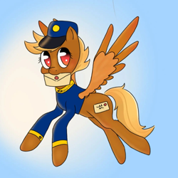 Size: 1080x1080 | Tagged: safe, artist:daily.shitfuck, derpibooru import, pegasus, pony, blonde, clothes, female, flying, hat, letter, looking at you, mare, mouth hold, red eyes, signature, simple background, solo, spread wings, swift reply, uniform, wings