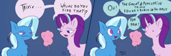 Size: 3694x1207 | Tagged: safe, artist:artsy madraw, derpibooru import, starlight glimmer, trixie, pony, unicorn, 2 panel comic, :i, blood, bloody mouth, comic, dialogue, dot eyes, duo, female, fiberglass, inconvenient trixie, insulation, magic, mare, open mouth, open smile, smiling, speech bubble, telekinesis, this will end in hospitalization, this will end in pain, this will not end well, too dumb to live