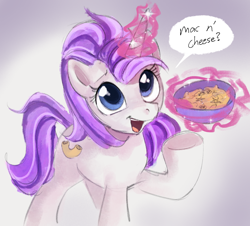 Size: 1070x968 | Tagged: safe, artist:dotkwa, derpibooru import, oc, oc only, pony, unicorn, cheese, dialogue, female, food, levitation, looking up, macaroni, macaroni and cheese, magic, mare, open mouth, open smile, pasta, smiling, solo, speech bubble, telekinesis