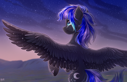 Size: 2500x1609 | Tagged: safe, artist:hakaina, derpibooru import, oc, oc only, pegasus, pony, back, beautiful, blurry background, butt, colored, commission, concave belly, ear fluff, ears, female, flying, high res, hoof fluff, hooves, leg fluff, looking away, looking forward, looking up, mare, mountain, mountain range, outdoors, outline, plot, rear view, scenery, shading, signature, solo, spine, spread wings, starry wings, stars, turquoise eyes, twilight (astronomy), underhoof, unshorn fetlocks, wings, ych result