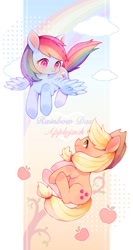 Size: 800x1500 | Tagged: safe, artist:yinyan_0409, derpibooru import, applejack, rainbow dash, earth pony, pegasus, pony, apple, appledash, applejack's hat, clothes, cloud, cowboy hat, cute, dashabetes, duo, female, flying, food, hat, jackabetes, lesbian, mare, rainbow, shipping, spread wings, wings