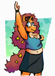 Size: 762x1063 | Tagged: safe, artist:punkittdev, derpibooru import, oc, oc only, oc:star magnolia, anthro, unicorn, arm behind head, armpits, belly button, chubby, glasses, midriff, simple background, solo, sunglasses, sunglasses on head, white background