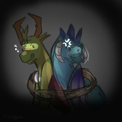 Size: 1024x1024 | Tagged: safe, derpibooru import, princess ember, thorax, changedling, changeling, dragon, bondage, bound together, cross-popping veins, emanata, kidnapped, sweat, sweatdrops