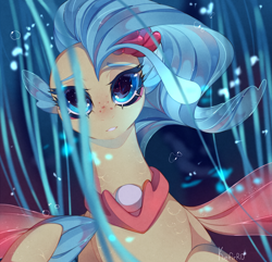 Size: 4300x4151 | Tagged: safe, artist:kefirro7, derpibooru import, princess skystar, seapony (g4), my little pony: the movie, absurd resolution, blue eyes, blue mane, bubble, bust, digital art, ears, eyelashes, female, fin wings, fins, floppy ears, flower, flower in hair, flowing mane, freckles, jewelry, looking at you, necklace, ocean, pearl necklace, seaquestria, signature, smiling, smiling at you, solo, spread wings, swimming, underwater, water, wings