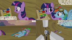 Size: 2000x1125 | Tagged: safe, derpibooru import, edit, edited screencap, editor:quoterific, screencap, rainbow dash, spike, twilight sparkle, unicorn twilight, unicorn, hurricane fluttershy, abacus, goggles