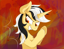 Size: 1714x1325 | Tagged: safe, artist:行豹cheetahspeed, derpibooru import, oc, oc only, oc:autumn trace, unicorn, black and white mane, evil grin, facial expressions, grin, horn, orange eyes, red background, simple background, smiling, yellow skin