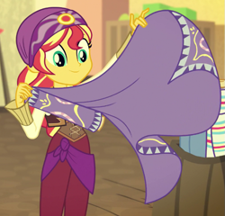 Size: 679x651 | Tagged: safe, derpibooru import, screencap, sunset shimmer, equestria girls, movie magic, spoiler:eqg specials, cropped, india movie set, solo, sunshim