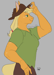 Size: 566x790 | Tagged: safe, artist:superduperath, derpibooru import, applejack, anthro, earth pony, applejacked, eyebrows, eyebrows visible through hair, female, lidded eyes, muscles, muscular female, smiling, solo