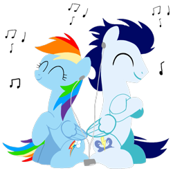 Size: 1099x1099 | Tagged: safe, artist:mlplary6, derpibooru import, rainbow dash, soarin', pegasus, pony, eyes closed, female, male, mare, mp3 player, music notes, shipping, simple background, sitting, smiling, soarindash, stallion, straight, transparent background, vector