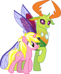 Size: 2403x2927 | Tagged: safe, artist:cloudy glow, artist:lightningbolt, derpibooru exclusive, derpibooru import, edit, sunshine smiles, thorax, changedling, changeling, pony, unicorn, canterlot boutique, .ai available, .svg available, crack shipping, curved horn, duo, duo male and female, female, grin, happy, high res, horn, horns, insect wings, king thorax, looking at you, male, mare, raised hoof, raised leg, shipping, simple background, smiling, spread wings, standing, straight, sunshinerax, svg, transparent background, vector, vector edit, wings