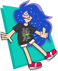 Size: 6738x8327 | Tagged: safe, artist:threetwotwo32232, derpibooru import, princess luna, human, clothes, female, gamer luna, humanized, looking at you, middle finger, shirt, shoes, shorts, simple background, sneakers, solo, t-shirt, transparent background, vulgar
