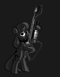 Size: 2550x3300 | Tagged: safe, artist:latexia, derpibooru import, edit, editor:anonymous, octavia melody, earth pony, pony, bipedal, bondage, bow, bowtie, clothes, dark, encasement, flamethrower, gray background, grayscale, hood, hoof hold, latex, latex suit, lidded eyes, monochrome, png, shitposting, simple background, solo, team fortress 2, weapon