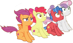 Size: 388x231 | Tagged: safe, artist:pascalmulokozi2, derpibooru import, edit, edited screencap, screencap, apple bloom, biscuit, scootaloo, sweetie belle, earth pony, pegasus, pony, unicorn, growing up is hard to do, background removed, cutie mark crusaders, female, male, mare, not a vector, older, older apple bloom, older cmc, older scootaloo, older sweetie belle, simple background, stallion, transparent background