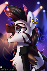 Size: 2000x3000 | Tagged: safe, artist:jedayskayvoker, derpibooru import, oc, oc:rebell yell, bust, chest fluff, clothes, colored sketch, commission, ear piercing, eyebrows, glasses, icon, male, piercing, portrait, punk, sketch, solo, stallion