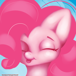 Size: 2000x2000 | Tagged: safe, artist:margaritaenot, derpibooru import, pinkie pie, earth pony, pony, blue background, bust, gradient background, portrait, simple background, solo