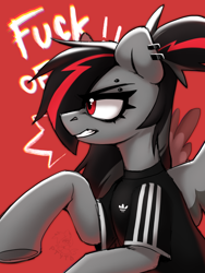 Size: 1620x2160 | Tagged: safe, artist:rtootb, derpibooru import, oc, oc only, oc:era, pegasus, pony, adidas, angry, clothes, digital art, ear piercing, ears up, eyebrow piercing, female, gray fur, gritted teeth, hooves, looking at someone, mare, pegasus oc, piercing, ponytail, red background, red eyes, rude, shirt, simple background, solo, t-shirt, teeth, text, vulgar