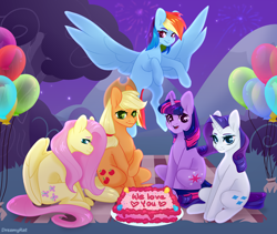 Size: 3000x2528 | Tagged: safe, alternate version, artist:dreamyrat, derpibooru import, applejack, fluttershy, rainbow dash, rarity, twilight sparkle, unicorn twilight, earth pony, pegasus, pony, unicorn, balloon, cake, evening, female, fireworks, food, hat, horn, implied pinkie pie, looking at someone, mare, mountain, open mouth, open smile, party, picnic, picnic blanket, pie, shy, smiling, spread wings, stars, wings