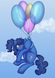 Size: 2894x4093 | Tagged: safe, artist:jjs, derpibooru import, oc, oc:nighttime wishes, unicorn, balloon, female, flying, frazzled hair, mare, scared