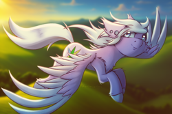 Size: 3000x2000 | Tagged: safe, artist:shad0w-galaxy, derpibooru import, oc, oc only, oc:feather spread, pegasus, pony, chest fluff, ear fluff, ears, flying, high res, hooves, male, patreon, patreon reward, smiling, solo, stallion, sunset, unshorn fetlocks