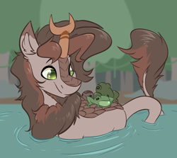 Size: 2552x2280 | Tagged: safe, artist:witchtaunter, derpibooru import, oc, oc:polder everglade, frog, kirin, beard, chest fluff, cute, ear fluff, ears, facial hair, kirin oc, male, ripple, smiling, solo, swamp, swimming, toad, water