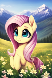 Size: 512x768 | Tagged: safe, ai content, derpibooru import, generator:novelai, generator:stable diffusion, machine learning generated, fluttershy, pegasus, alps, blue sky, female, flower, forest, grass, grass field, happy, mountain, nai diffusion furry beta v1.3, prompter:emilia starsong, solo