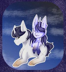 Size: 2252x2452 | Tagged: safe, artist:moondrawzlv, derpibooru import, pony, unicorn, :p, asian, coat markings, crossover, curved horn, duo, ear fluff, ears, eyes closed, female, horn, japanese, kagami tsurugi, lesbian, lying down, mare, marinette dupain-cheng, miraculous ladybug, non-mlp shipping, ponified, prone, species swap, tongue, tongue out, unshorn fetlocks